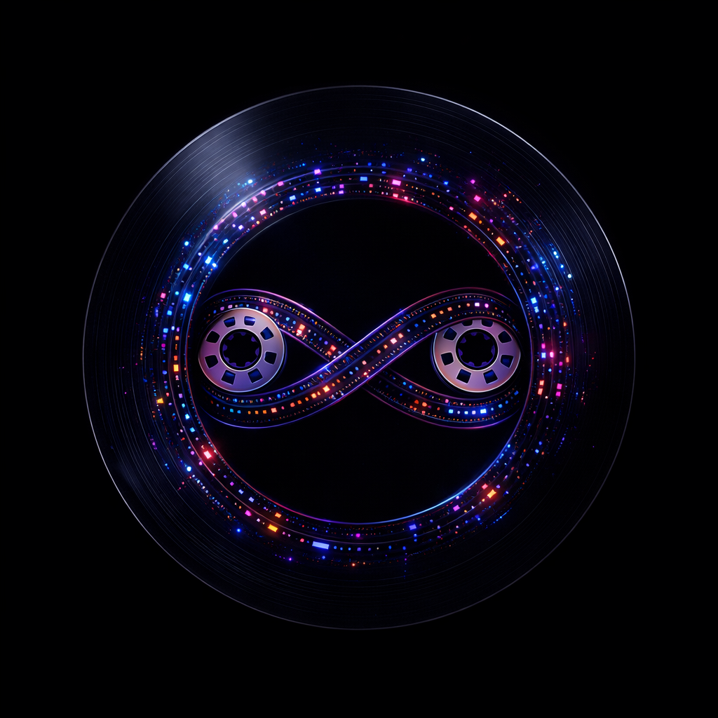 Neon infinity loop made of filmstrip inside a glowing circular disc